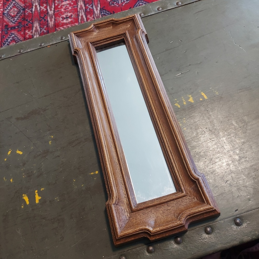 Vintage Style Brown Wood Grain Plastic Textured Wall Mirror Scalloped Frame 14x5